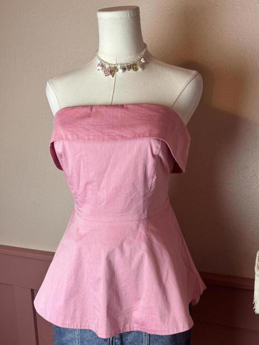 New York & Company coquette pink peplum strapless tie back top sz small cotton
